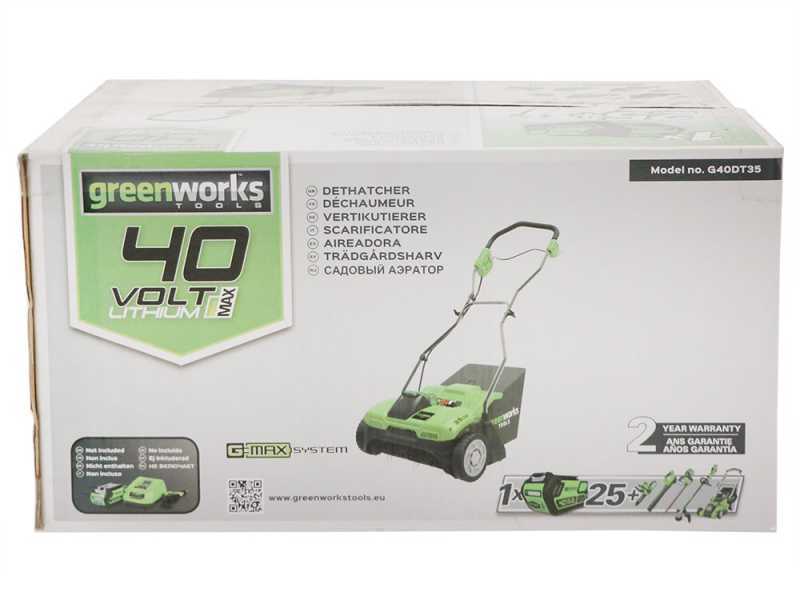 Greenworks G40DT35 - Battery-Powered Lawn Scarifier - BATTERY AND BATTERY CHARGER NOT INCLUDED