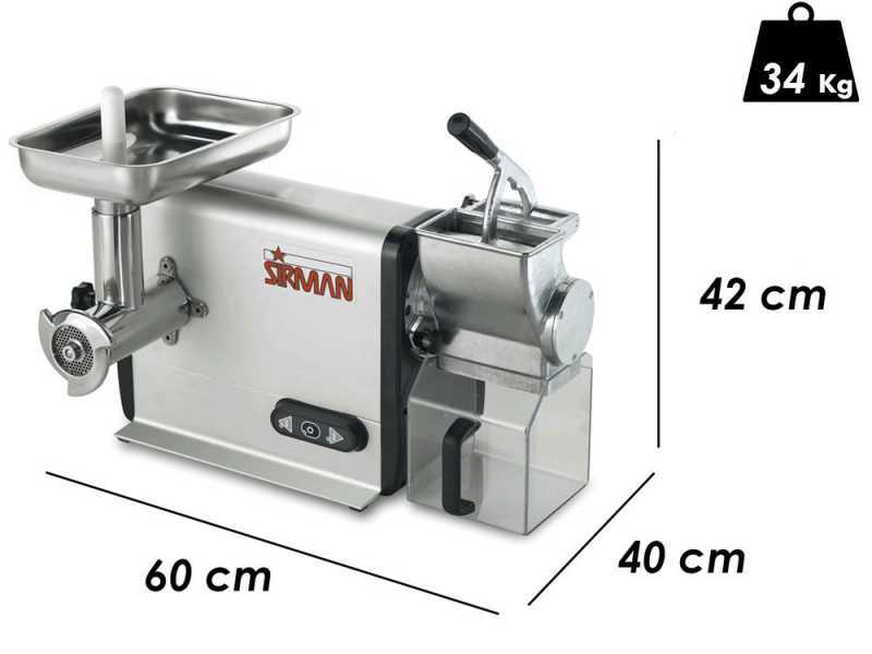 Sirman TCG 12 Dakota Electric Meat Mincer - with Integrated Grater - Removable Grinding Unit in Aluminium and Stainless Steel - Three-phase - 1100 Watt