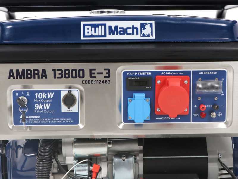 BullMach AMBRA 13800 E-3 - Petrol-powered Wheeled Generator with 10 kW AVR - 9 kW Three-phase