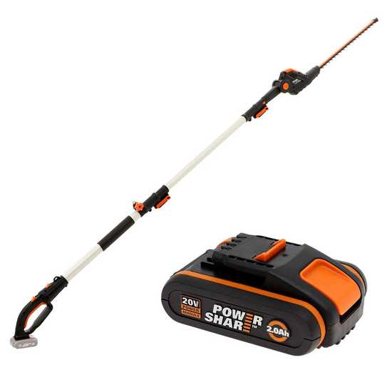 Worx WG252E Battery-powered Electric Hedge Trimmer on Telescopic Pole - 20V Battery - 45 cm Steel Blade